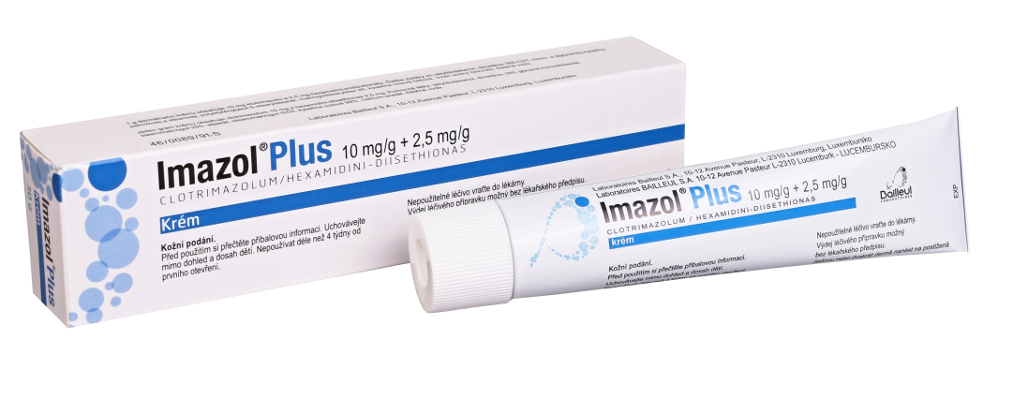 Imazol® Plus 10 mg/g + 2,5 mg/g krém clotrimazolum 10mg + hexamidini diisetionas 2,5 mg je přípravek proti plísním na kůži s rozšířeným protibakteriálním účinkem. Obsahuje kombinaci antimykotika klotrimazolu a antiseptika hexamidinu. Hexamidin rozšiřuje spektrum účinnosti léčiva proti gramnegativním bakteriím.